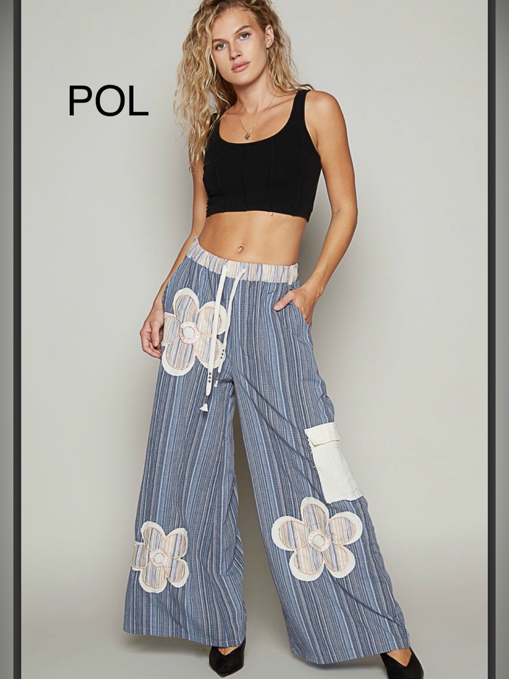 BPB700-1💙🤍NPOL Womens Blue Striped Wide-Leg Flower Appliqué Pants-so cute!